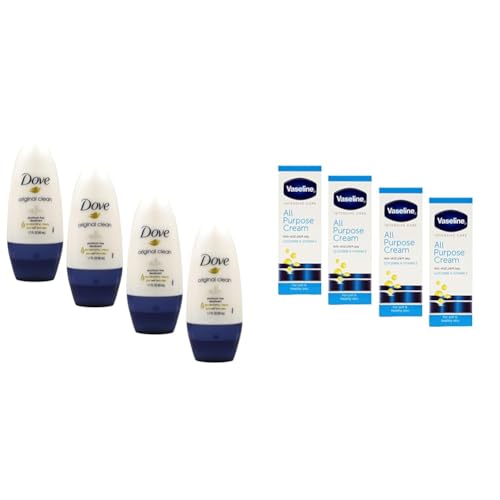 Dove Original Clean Roll On Deodorant Aluminum Free 4-Pack 1.7 FL Oz Each with Vaseline Intensive Care All Purpose Cream Cracked Skin Relief 4-Pack 1.41 FL Oz Each