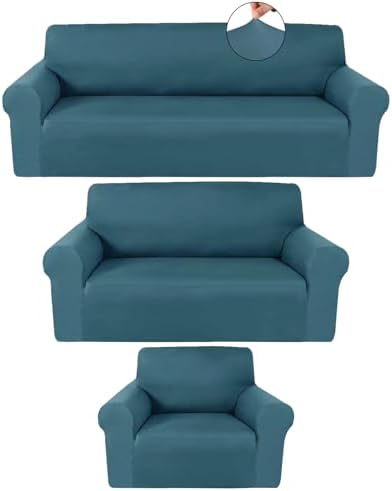 Peryiter 3 Pcs Slipcover Set for Couch Furniture Covers for Sofa Loveseat Couch Arm Chair, Form Fit Stretch, Wrinkle Free, Furniture Protector(Peacock Blue,Milk Silk Spandex)