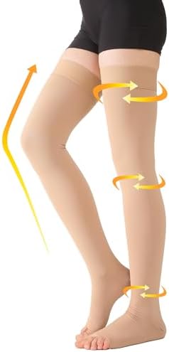 MGANG Medical Thigh High Compression Stockings for Men & Women, Pair, Open Toe, 20-30 mmHg Graduated Compression Support Hose, Opaque, Best for Varicose Veins, Edema, Flight, DVT, Swelling, Beige XL