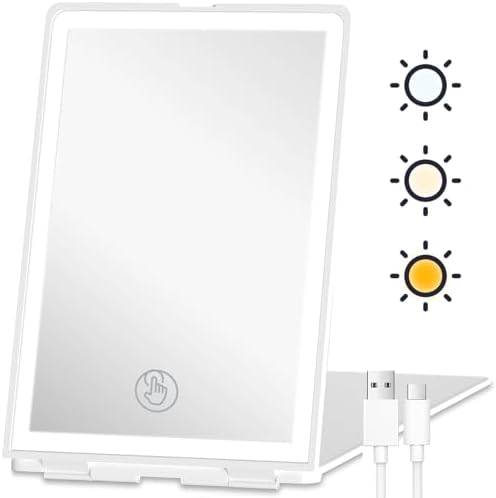 Travel Makeup Mirror with Lights, Rechargeable Portable Folding Compact Mirror, Lighted Makeup Mirror with 72 LEDs 3 Color Light Modes, Dimmable Touch Screen LED Vanity Mirror with Lights(White)