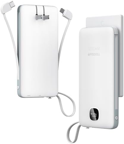 TESSAN Portable Charger with Built in Cables, 10000mAh Power Bank Fast Charging with Foldable AC Plug, 20W Compact Battery Pack Travel Essentials for iPhone 16/15 Series, Samsung, Tablets