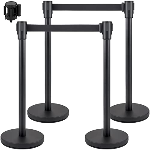 VEVOR Crowd Control Stanchion, Set of 4 Pieces Stanchion Set, Stanchion Set with 6.6 ft/2 m Black Retractable Belt, Black Crowd Control Barrier w/Concrete and Metal Base - Easy Connect Assembly