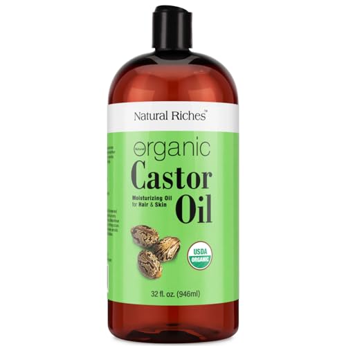 Natural Riches Organic Castor Oil - Cold Pressed, USDA Certified for Dry Skin, Hair Loss, Dandruff, Hair Growth, and Thicker Eyelashes & Eyebrows - 32 fl. oz.