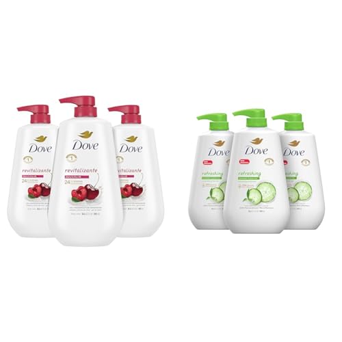 Dove Body Wash with Pump,Revitalizante Cherry & Chia Milk, 3 Count & Body Wash with Pump Refreshing Cucumber and Green Tea Refreshes Skin Cleanser