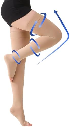 Thigh High Compression Stockings Toeless - Unisex, Opaque, KEKING 15-20mmHg Graduated Compression Leg Support Hose with Anti-Slip Silicone Band - Swelling, Varicose Veins, Edema, Travel, Beige Medium