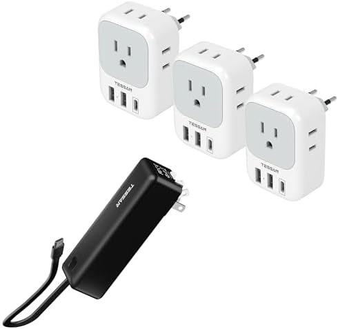 TESSAN 3 Pack European Travel Plug Adapter, US to Europe Power Adapter with 4 AC Outlets and 3 USB, Portable Charger Power Bank, 3 in 1 Power Bank 20W Fast Charging