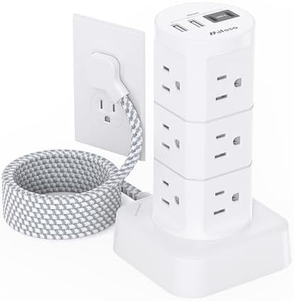 Power Strips with Surge Protection, Flat Plug Power Strip with 12 Outlets 4 USB Ports, Surge Protector Tower 1875W/15A 1080J, 6Ft Extension Cord with Multiple Outlets, Office Supplies, Dorm Essentials