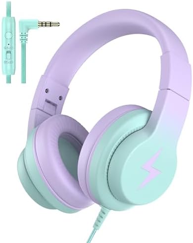 Kids Headphones, Wired Headphones for Kids Over Ear with Microphone, 85/94dB Volume Limiter Headphones for Girls Boys, Foldable Headphones for Learning & Entertainment,Gradient Purple