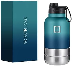 IRON °FLASK Portable Dog Water Bottle & Bowl - All-in-One Travel Accessories Pet Food & Liquids for Car, Hiking, Camping - Leak-Proof, Double Walled, Insulated - 32 oz, 2 Dog Bowls - Dark Night