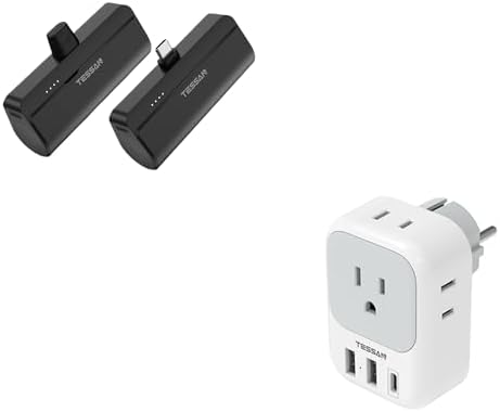 TESSAN Type E F Plug Adapter, Germany France Power Adapter with 3 USB Ports(1 USB C), Mini Portable Charger, 5000mAh Small Power Bank, Battery Pack for iPhone 15/15 Plus/15 Pro/15 Pro Max