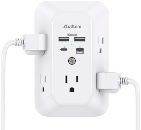 Outlet Extender Surge Protector - Addtam 5-Outlet Splitter with 4 USB Wall Charger(PD 20W), Multi Plug Wall Outlet Power Strip for Home, Dorm Room Essentials