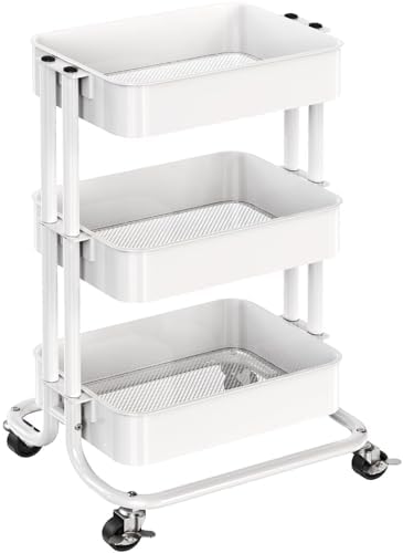 Pipishell 3 Tier Rolling Cart Organizer, Rolling Cart with Lockable Wheels & Reinforced Handle, Lightweight Utility Cart Storage Cart for Nursery, Kitchen, Bathroom, Craft Room