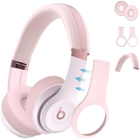 【3 in 1】 Silicone Case for Beats Solo 4 Headphones, Protective Silicone Covers for Beats Solo 4 Shell/Ear Pad/Headband Cover, Accessories Silicone Skin Protector for Beats Solo 4 - Pink