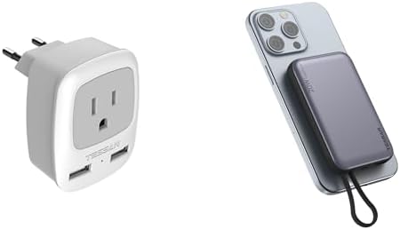 TESSAN European Travel Plug Adapter, International Power Plug with 2 USB Ports, Type C Outlet Adaptor Charger, Magnetic Portable Charger 10000mAh, Battery Pack for iPhone 15/14/13/12/Mini/Pro/Pro Max