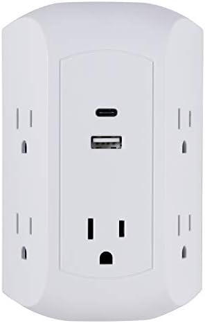 GE UltraPro 5-Outlet Extender with USB and USB-C Port, Surge Protector, Spaced Wall Tap, Side-Access, Charging Station, for iPhone/iPad/Samsung Galaxy/Google Pixel, 560 Joules, UL Listed, White, 43650