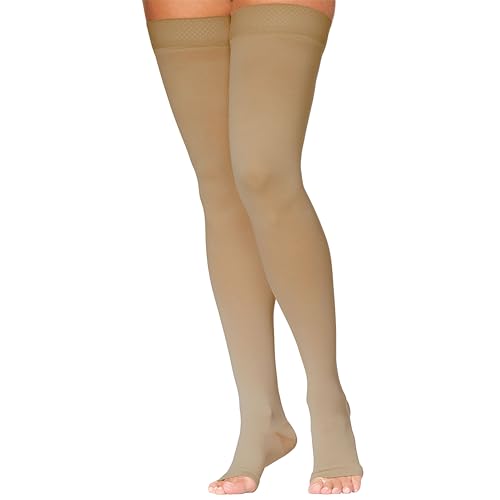 DYNAVEN by Sigvaris Women's Compression Thigh-Highs 20-30mmHg - Open Toe & Grip-Top Design for Enhanced Support - Medium Short - Light Beige