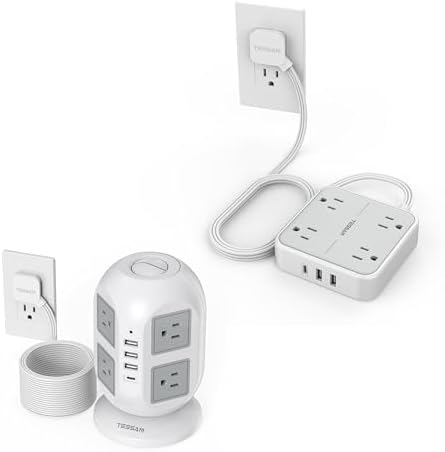 TESSAN 10FT Tower Power Strip with 5FT Ultra Thin Extension Cord Power Strip Bundle, Multiple AC Outlets and USB Ports with Surge Protection, Home Office Dorm Essentials