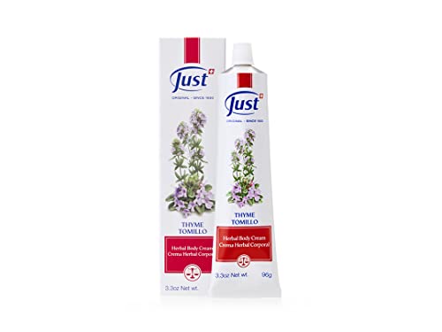 Swiss Just Thyme Cream, Thyme Tomillo Cream 96g. Massage Cream with Camphor Oil, Lemon Eucalyptus Chamomile Essential Oil, Rosemary Oil, Soybean Oil, and Pine Essential Oils.