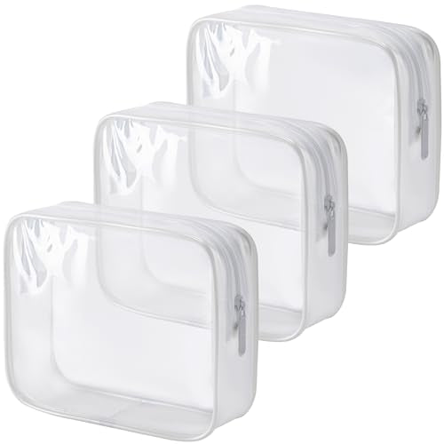 MODENGKONGJIAN TSA Approved Toiletry Bag, 3 Pcs Clear Toiletries Bags Quart Size Travel Makeup Cosmetic Bag for Women Men, Carry on Airport Airline Compliant Bag (Pearl White)