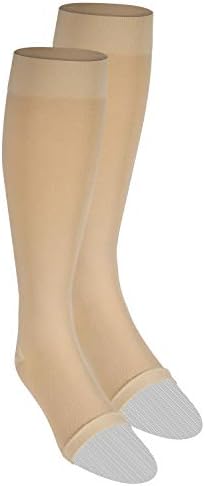 NuVein Medical Compression Stockings, 15-20 mmHg Support for Women & Men, Knee Length, Open Toe, Beige, Large