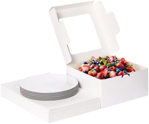 Moretoes 20 Set Cake Boxes, 10x10x5 Inches Tall White Square Bakery Boxes with Window Cajas Pasteles for Cake, Valentine's Day, Mother's Day, Birthday, Wedding, Party