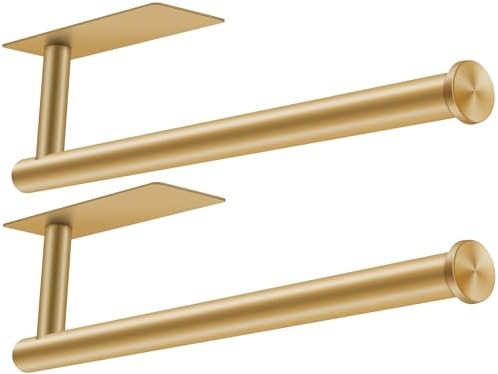 2nd Gen Paper Towel Holder Under Cabinet, [More Studry] Self Adhesive or Drilling Paper Towel Holder Wall Mount for Kitchen, RV, [Fit Mega PapAer Towel Roll] SUS304 Stainless Steel(Pack of 2, Gold)