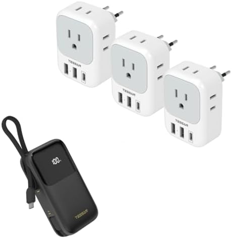 TESSAN 3 Pack European Travel Plug Adapter USB C, US to Europe Plug Adapter with 4 AC Outlets and 3 USB Charger, Type C Power Adaptor for USA to EU Euro Spain France Iceland with Portable Battery Pack