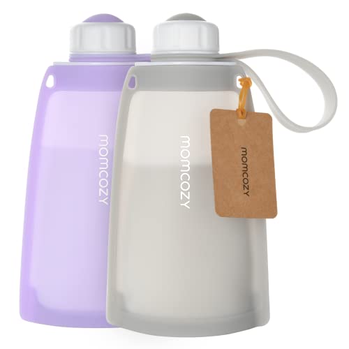 Momcozy Silicone Milk Storage Bags, Reusable Breastmilk Bags for Breastfeeding, 8.5oz/250ml Breast Milk Saver, Leakproof Milk Freezer Storing Pouches, BPA Free (Light Purple & Gray)