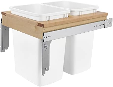 Rev-A-Shelf Double Pull-Out Trash Can for Base Kitchen/Bathroom Cabinets, 35 Qt Wood Top Mount Garbage Bin, 18" x 1.5" Face-Frame, White, 4WCTM-21DM2