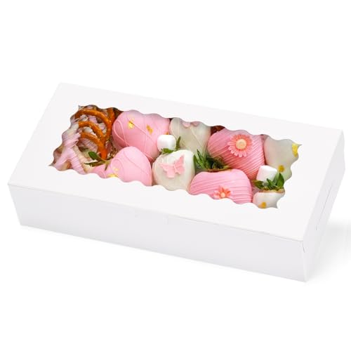 Moretoes 30pcs Cookie Boxes, 12x5.5x2.5 Inches White Treat Box with Window, Valentine's Day Bakery Boxes Chocolate Covered Strawberry Boxes for Donuts, Pastries, Cake Pop,