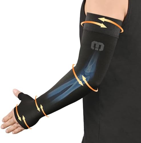 MGANG Lymphedema Compression Arm Sleeve with Gauntlet for Women Men, Opaque, 15-20 mmHg Medical Graduated Compression Full Arm Support, Thumb Lymph Edema Arm Sleeve, Pain Relief, Arthritis, Black L