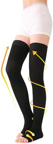 TOFLY® Thigh High Compression Socks for Women & Men (Pair), Open Toe, Opaque, Firm Support 30-40mmHg Graduated Compression Hose, Medical Compression Stockings for Varicose Veins, Edema, DVT,Black XL