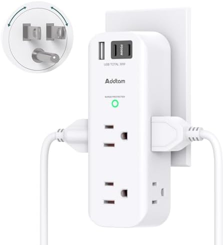 PD 30W Outlet Extender Surge Protector - with Rotating Plug, 6 AC Outlets Splitter 3 USB Ports (2 USB C), 1800J, 3-Side Power Strip Wall Mount, Multi Plug Outlet for College Dorm Travel Essentials