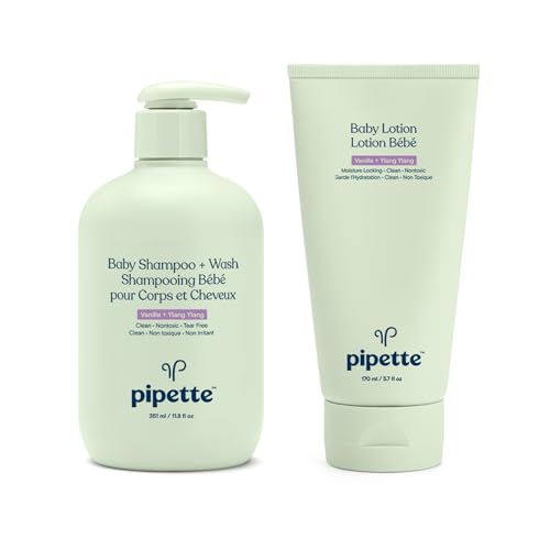 Pipette Vanilla + Ylang Ylang Baby Shampoo + Wash and Baby Lotion Duo, Clean, Tear-Free Bath Time, Sulfate-Free, Paraben-Free, Silicone-Free, Sensitive Skin, Hypoallergenic, Non-Toxic