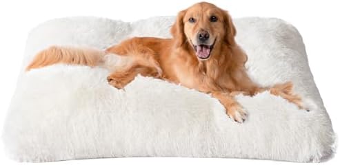 EHEYCIGA Fluffy Dog Crate Bed for Extra Large Dogs, Plush Faux Fur Dog Crate Pad, Calming Anti Anxiety XL Dog Bed for Crate, Washable Soft Warm Dog Crate Mat with Non-Slip Bottom, Beige