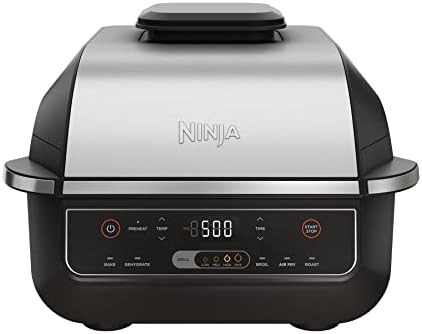 Ninja EG201 Foodi 6-in-1 Indoor Grill with Air Fry, Roast, Bake, Broil, & Dehydrate, 2nd Generation, Dishwasher Safe, Black/Silver