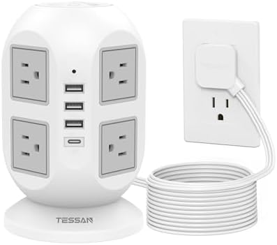 USB C Flat Plug Tower Power Bars with Surge Protector, TESSAN 10 ft Power Strip Extension Cord Indoor, Charging Station with 8 Multiple Outlets and 4 USB Ports (1USB C), Home Office Dorm Room Supplies