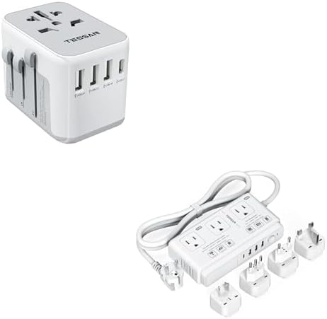 TESSAN International Plug Adapter, 220V to 110V Voltage Converter, 2000W Universal Travel Adapter with 4 USB Ports (1 USB C), 3 AC and EU/UK/AU/IT Power Adaptor, for USA to Europe Ireland Australia