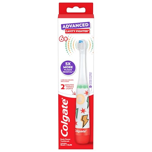 Colgate Advanced Cavity Fighter Kids Battery Toothbrush, Includes AA Battery and Extra Toothbrush Head, Features Built-in Timer and 2 Brushing Modes, for Children Ages 6 and Up