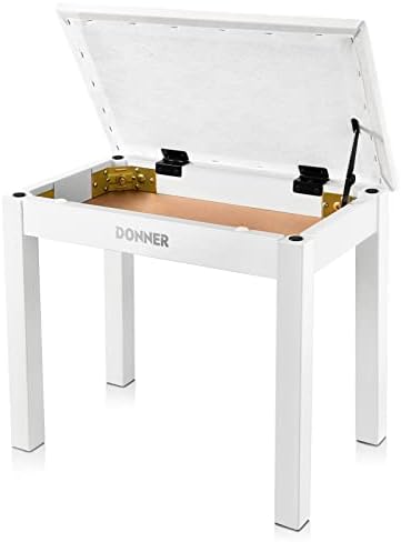 Donner Piano Bench with Storage, Solid Wood Keyboard Bench Piano Bookcase Stool Chair Seat with High-Density Suede Cushion, White
