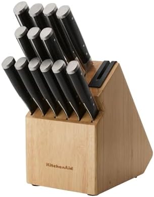 KitchenAid Forged Triple Riveted Knife Block Set with Built-In Knife Sharpener, High Carbon Stainless Steel Kitchen Knives, Sharp Kitchen Knife Set with Block, Black, 14 Piece
