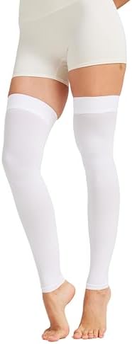 MGANG 15-20 mmHg Compression Stockings for Women & Men, Thigh High Medical Footless Graduated Compression Sleeves with Silicone Dot Band, for Varicose Veins, Edema, Travel, Flight, Pregnant, White L