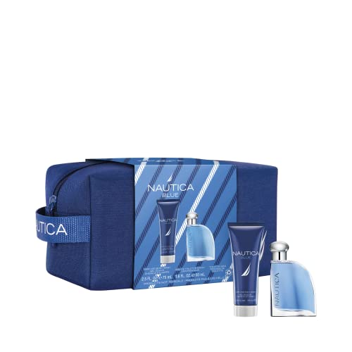 Nautica Blue 3 piece Gift Set for Men - 1.6 oz Eau De Toilette Spray + 2.5 oz Hair and Body Wash + Toiletry Bag