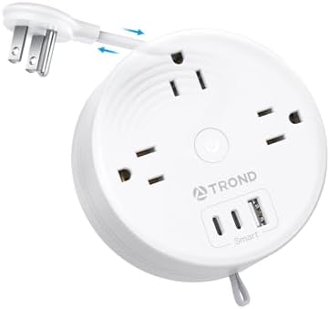 TROND Travel Power Strip - Retractable Extension Cord 5ft Ultra Thin Flat Plug, Retractable Power Strip with 3 AC Outlets 3 USB Ports (2 USB C), Cruise Ship Essentials, for Home Hotel Dorm Room, White