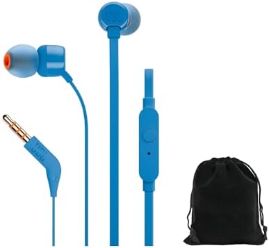 JBL Tune T160, in-Ear Headphones, Pure Bass Sound, 1-Button Remote with Microphone, Tangle-Free Flat Cable, Blue, Includes Carrying Pouch, JBLTUNET160-Pouch