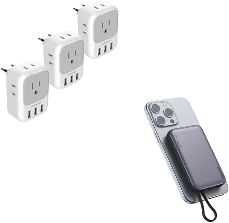 TESSAN 3 Pack European Travel Plug Adapter, US to Europe Power Adapter with 4 AC Outlets and 3 USB, Magnetic Portable Charger 10000mAh, Battery Pack for iPhone 15/14/13/12/Mini/Pro/Pro Max