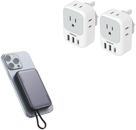 US to UK Plug Adapter 2 Pack, TESSAN Type G Travel Converter with 4 Outlets 3 USB Charger(1 USB C Port), Magnetic Portable Charger 10000mAh, Battery Pack for iPhone 15/14/13/12/Mini/Pro/Pro Max