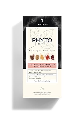 PHYTO Phytocolor Permanent Hair Color, 1 Black, with Botanical Pigments, 100% Grey Hair Coverage, Ammonia-free, PPD-free, Resorcin-free, 0.42 oz.