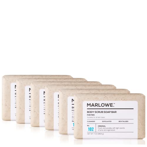 MARLOWE. No. 102 Men's Body Scrub Soap, 7 Ounce (6 Bars) Fresh Original Woodsy Scent, Exfoliating Bar for Men, Natural Ingredients, Green Tea Extract