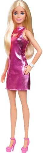 Barbie Fashionistas Doll #230 with Blond Hair, Wearing Metallic Pink Minidress with Heart Cut-Out, White Bracelet and Heels